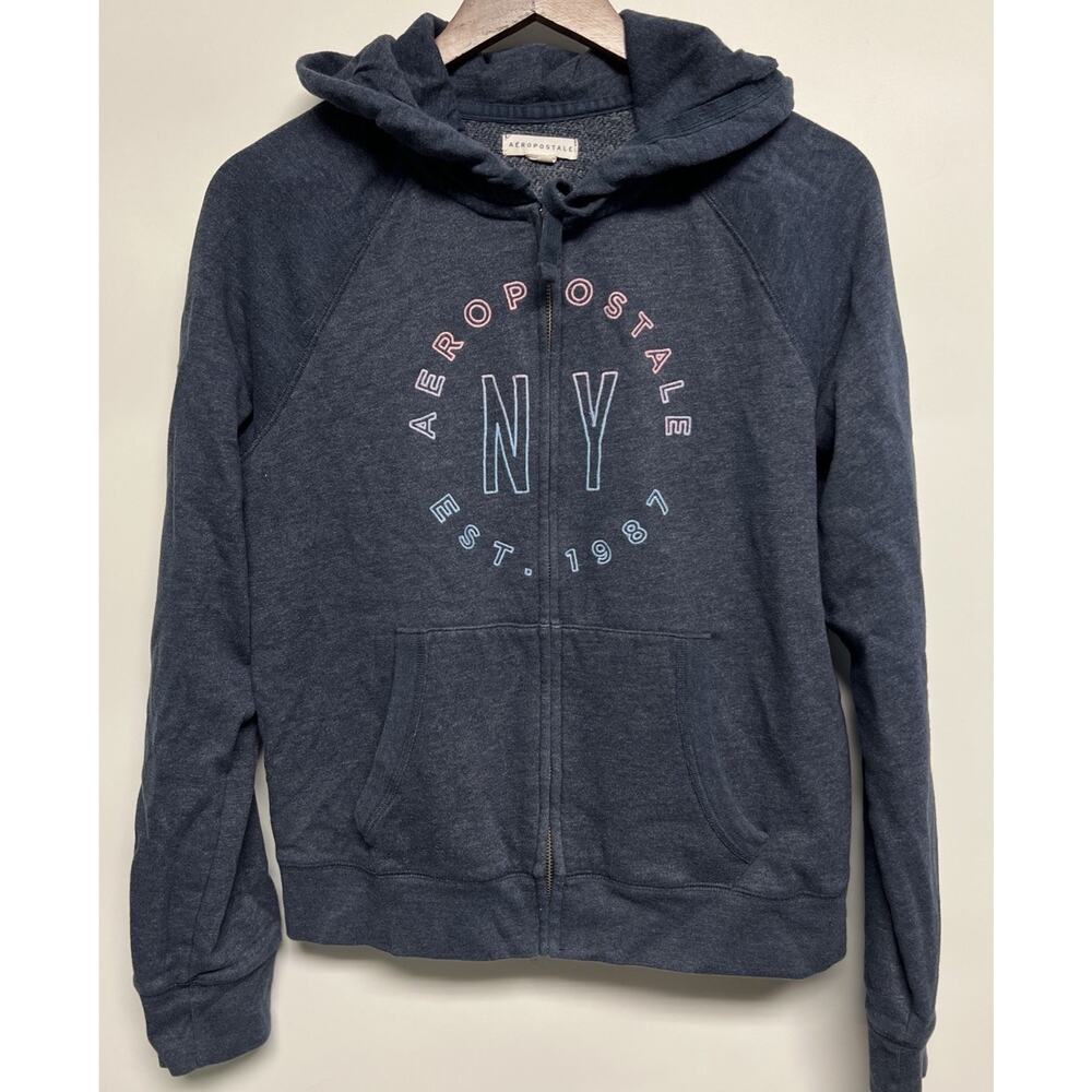Y2K Style Aeropostale Hoodie Large Logo Sweatshirt Blue Embroidered Preppy